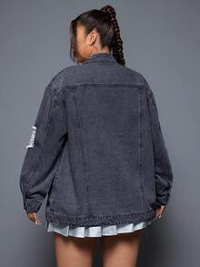 SHEIN ICON Cộng với kích thước nút rách mở phía trước Loose Fit Drop Vai Áo khoác denim thời trang - Xám - Xem 2