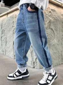 Tween Boys' Jeans With Letter Patch Decoration