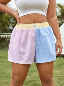 Comfortcana Plus Size Contrast Color Striped Casual Beach Shorts, Summer - Multicolor - View 6