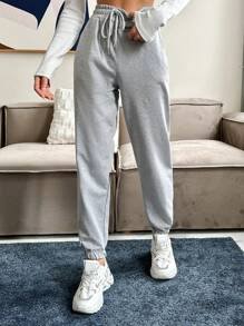 RueChic Drawstring Waist Slant Pocket Sweatpants - Grey - View 2