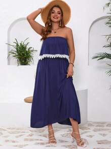 SHEIN VCAY 大尺碼純色蕾絲裝飾連衣裙 - 寶藍色 - 查看 1