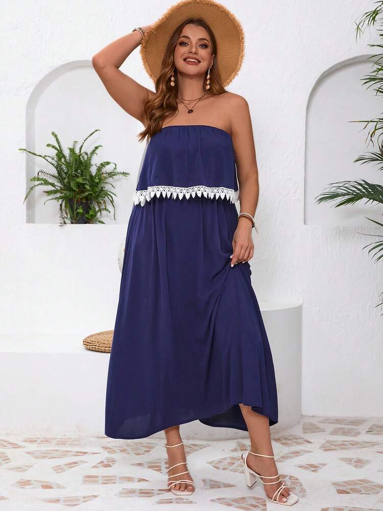 Plus Solid Color Lace Decoration Dress