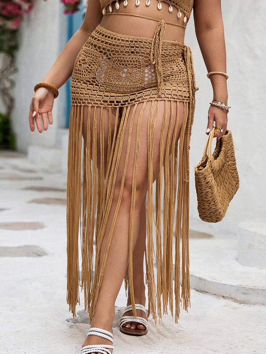 SHEIN VCAY 女士加大码针织镂空流苏罩衫裙，适合夏季海滩度假 - 卡其色 - 查看 1