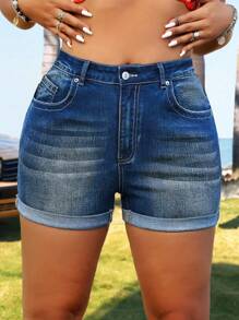 SHEIN ICON Quần short denim cuộn tròn cỡ lớn cho kỳ nghỉ thông thường cho mùa hè - Rửa trung bình - Xem 4