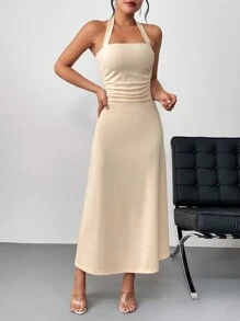 SHEIN Privé Đầm cổ chữ A xếp nếp màu hoa mai nhẹ, thanh lịch và thích hợp để mặc hàng ngày hoặc hẹn hò - Màu be - Xem 4