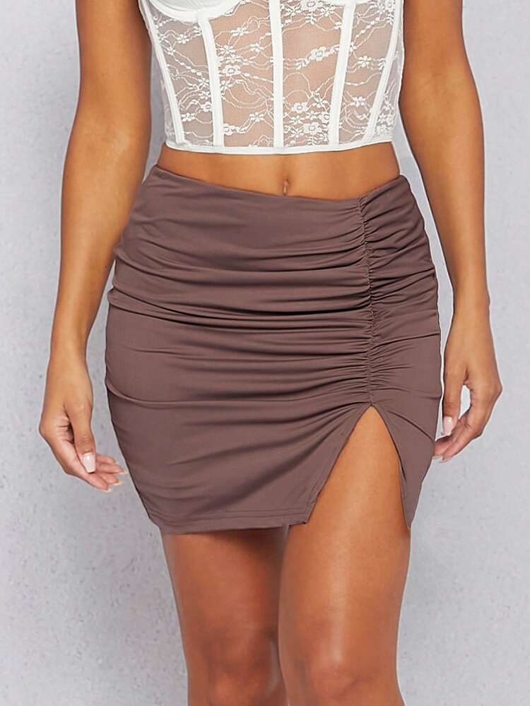 Solid Fashion Ruched Split Hem Skirt