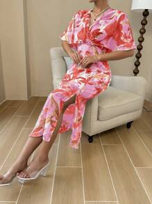 Chiquease Women Summer Floral Print V-Neck Poncho Sleeve Elegant Long Dress With Split Hem