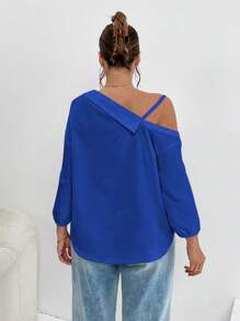SHEIN Essnce Camisas casuales elegantes de mujer talla grande de nuevo estilo con diseño asimétrico de hombros descubiertos y mangas medias a rayas para uso casual, trabajo o para maestras