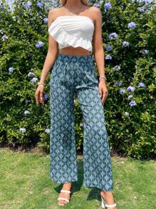 Breezaya Women Solid Color Ruffle Strapless Top And Retro Patterned Long Pants Two Pieces Set