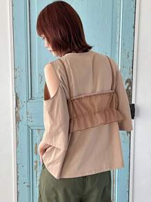 FRIFUL Áo hai dây lưới trong suốt mùa hè cho nữ, bèo nhún - Màu Khaki - Xem 5