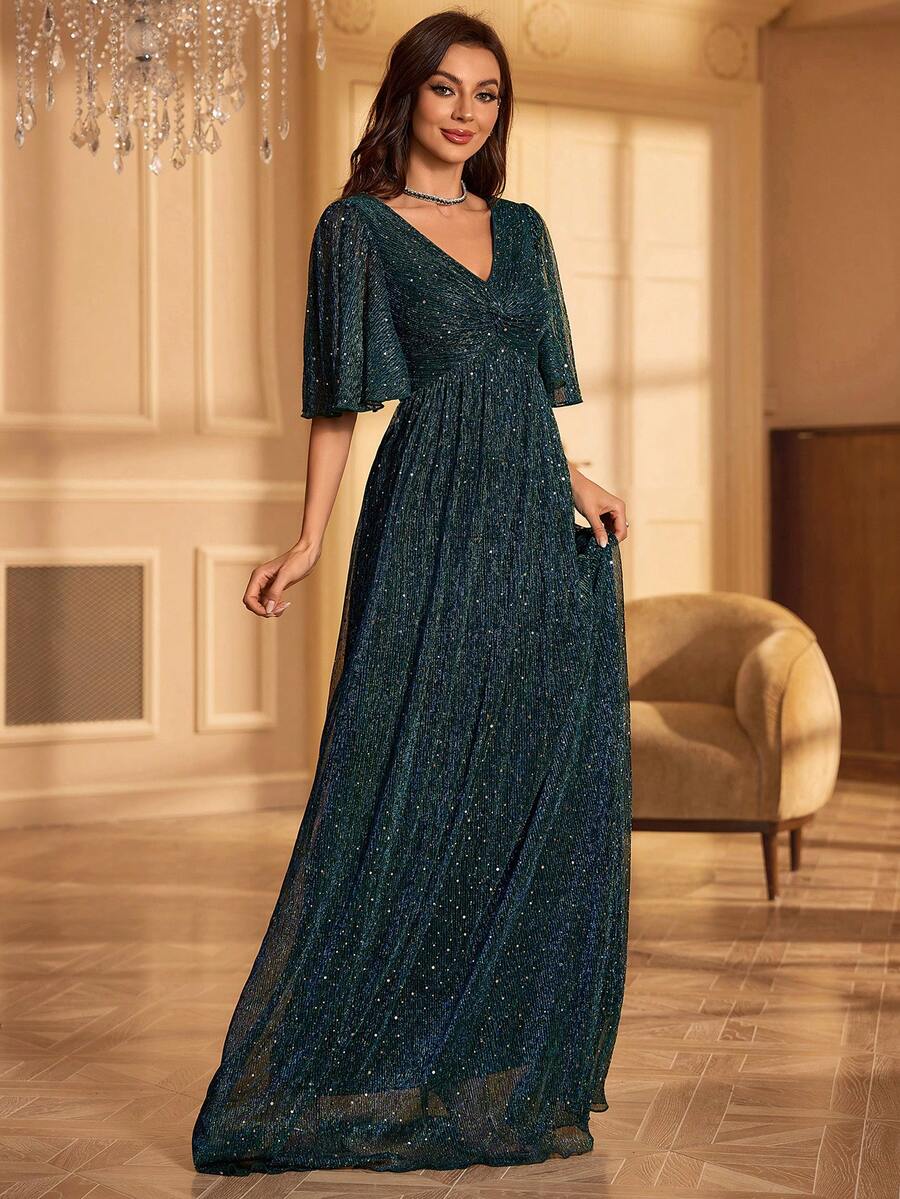 Rochie formala cu maneca scurta cu decolteu in V - Verde inchis - Vizualizare 1
