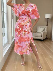 Chiquease Women Summer Floral Print V-Neck Poncho Sleeve Elegant Long Dress With Split Hem