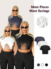 SHEIN SXY Plus Size Cut Out Basic Casual T-Shirt, Suitable For Summer, Dating, Casual, Shopping, Streetwear, Going Out, Vacation, Beach, Easy To Match&Looks Slim