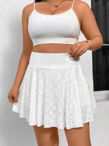 SHEIN Privé Falda pantalón blanca talla grande con textura, corte en A, bolsillos y diseño calado, elegante y casual - Blanco - Ver 6