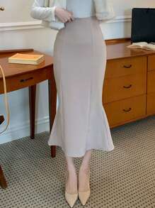 女士纯色高腰鱼尾裙，夏季、返校季、秋季、冬季服装 - 灰色 - 查看 6