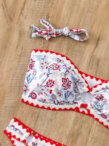 SHEIN Swim Women's Vacation Style Floral Printed Bandeau Bikini Set Summer - Multicolor - View 3