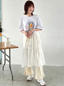 FRIFUL Designer Parte superior transparente, sencilla y ligera con volante para damas