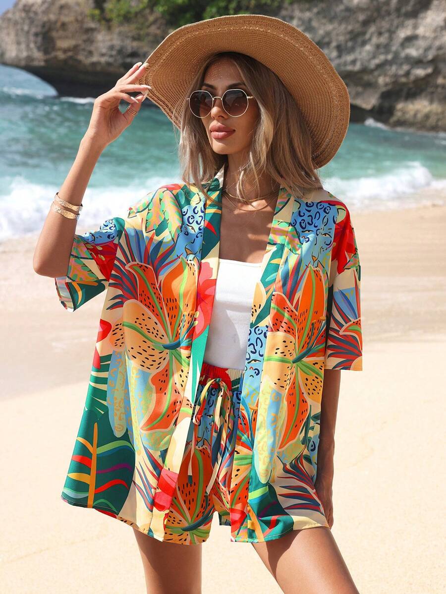 SHEIN VCAY Women Loose Fit Floral Printed Kimono Cardigan And Shorts Two Pieces Set For Summer Vacation Style - Blue - View 1