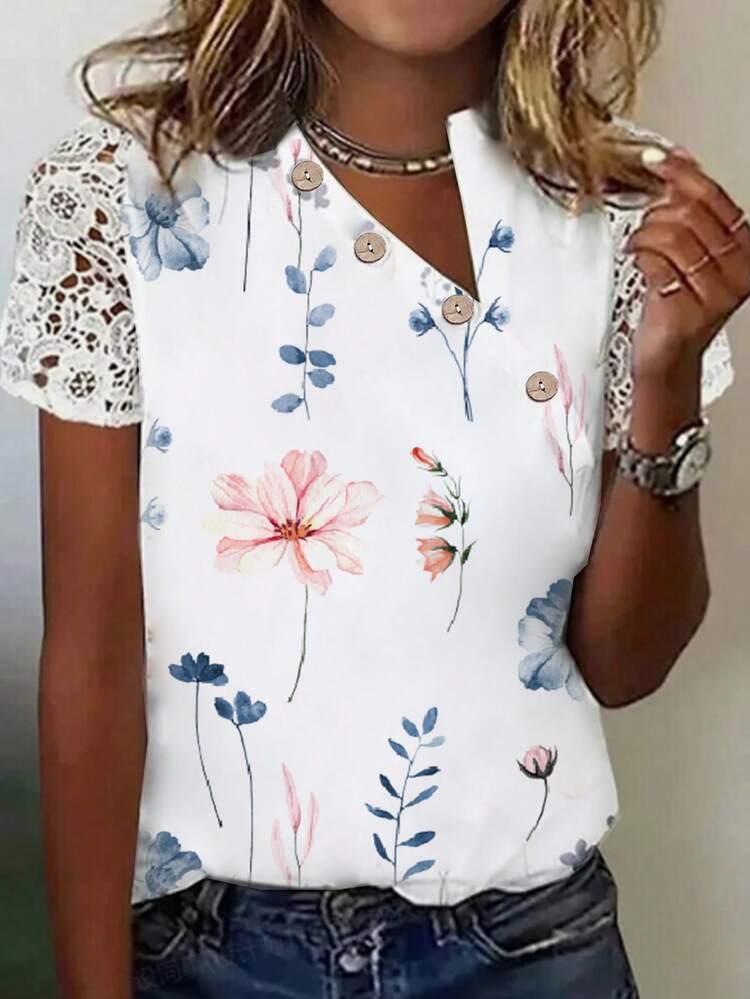 Ladies" Summer Asymmetric Neck Floral Printed Lace Patchwork Short Sleeve Casual Shirt