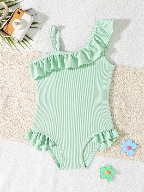 Maillot de bain une pièce de plage pour bébé fille, de couleur unie, avec 1 pièce col asymétrique à volants