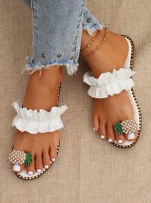 Dép quai hậu trang trí hình quả dứa, dép quai hậu trang trí hình ngọc trai trắng cho nữ có viền xếp nếp và màu trơn Valentine - trắng - Xem 5