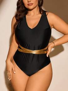 SHEIN Swim Curve 夏天沙灘必備！加大碼色塊設計泳裝，背部交叉肩帶 - 黑色 - 查看 1