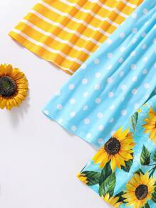 SHEIN Sparklyn 3入組少女條紋波點向日葵圖案印花休閒短袖夏季連衣裙 - 彩色 - 查看 3