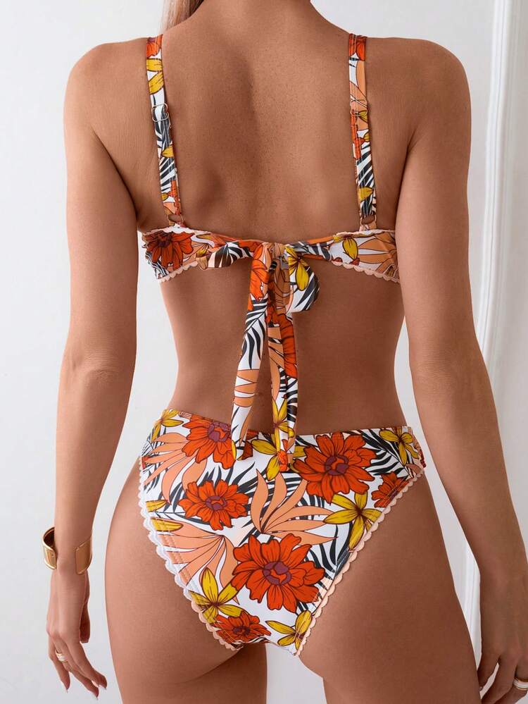 Women's Tropical Plant Print Bikini Set Summer Beach