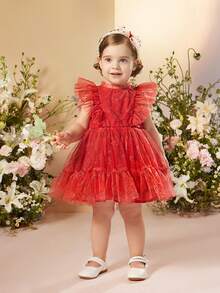 SHEIN Em bé Cô gái Thanh lịch In Hoa hồng Lưới Viền Ruffle Váy không tay - Đỏ - Xem 6