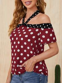 SHEIN Clasi Women Color Block Vintage Polka Dot Print Halter Casual Summer Shirt - Red and White - View 4