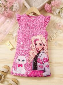 SHEIN 少女貓和卡通人物印花荷葉邊袖口洋裝 - 彩色 - 查看 1