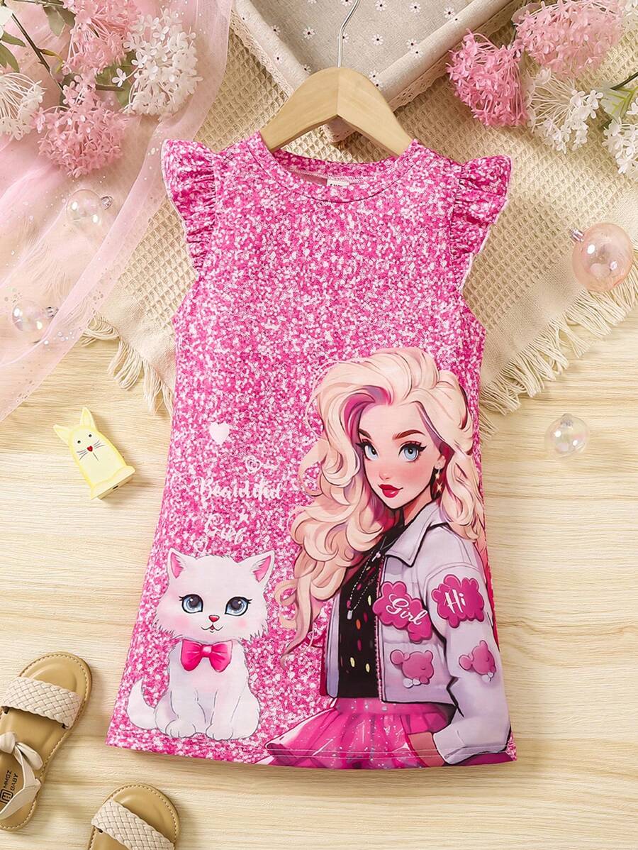 SHEIN 少女貓和卡通人物印花荷葉邊袖口洋裝 - 彩色 - 查看 1