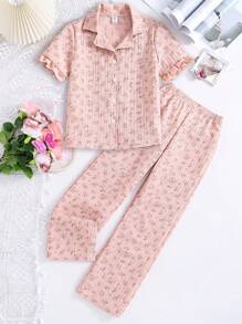 Tween Girl Floral Printed Casual 2-Piece Set With Cropped Pants And Short-Sleeve Button-Front Top For Home - Pink - View 1