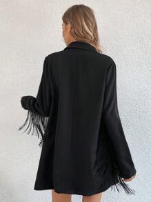 Allurite Lapel Neck Fringe Trim Longline Blazer Fall Cloth For Women