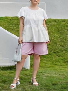 SHEIN Essnce Women Plus Size Round Neck Loose White Shirt With Ruffle Sleeve For Holiday, Date And Casual Occasions