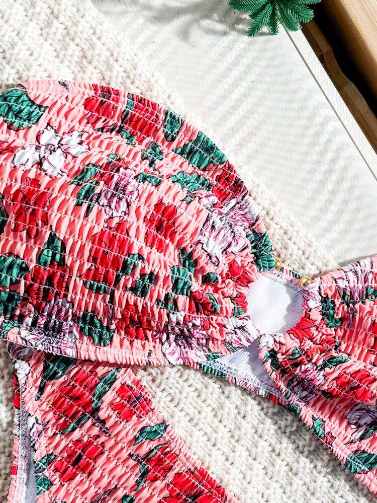 Random Floral Print Shirred Bikini Set Wireless,Summer Beach