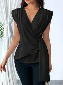 SHEIN Privé Mujeres Verano V-Cuello con volantes Dobladillo asimétrico Cinta elegante y ajustado para trabajar - Negro - Ver 1