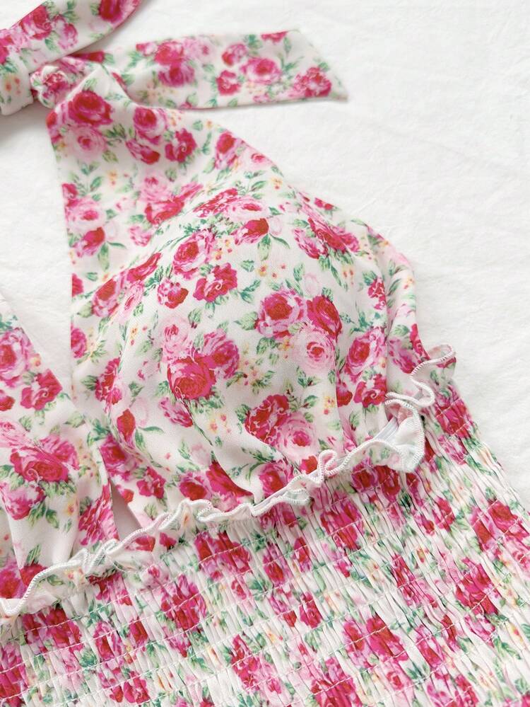 WYWH Holiday Women Colorful Floral Print Twist Knot Halter Neck Back Bow Tie Cake Short Dress With Double Layers And Frilly Hem For Romantic Wedding Season