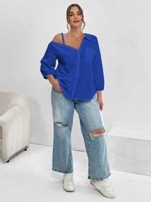 SHEIN Essnce Camisas casuales elegantes de mujer talla grande de nuevo estilo con diseño asimétrico de hombros descubiertos y mangas medias a rayas para uso casual, trabajo o para maestras