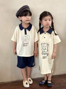 SHEIN Genkimix Kids Đầm ngắn tay cổ polo mùa hè cho bé gái có in chữ hình chú gấu hoạt hình, thiết kế khối màu, thích hợp cho trang phục đi du lịch mùa hè và đi học - Màu be - Xem 3