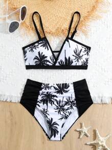 Tween Girl Coconut Tree Printed Ruffled Splice Two-Piece Bikini Set Mommy And Me Matching Outfits (2 Sets Are Sold Separately) Summer Beach - Multicolor - View 1