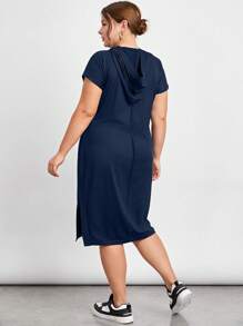 SHEIN Essnce Women Plus Size Loose Fit Casual Hooded Short Sleeve Patchwork Dress With Stitching Design - Navy Blue - View 2