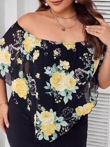 SHEIN Clasi 加大碼花卉印花露肩連身裙 - 藏蓝色 - 查看 4