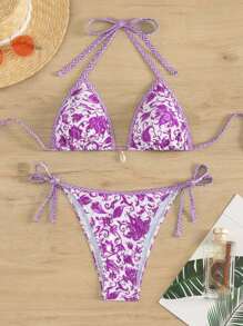 SHEIN Swim 分體泳衣，隨機印花，版權已購買 - 紫色 - 查看 5