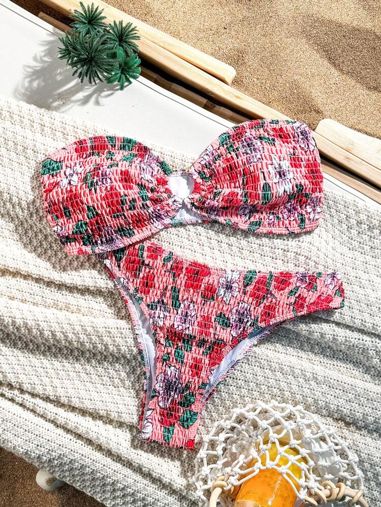Random Floral Print Shirred Bikini Set Wireless,Summer Beach