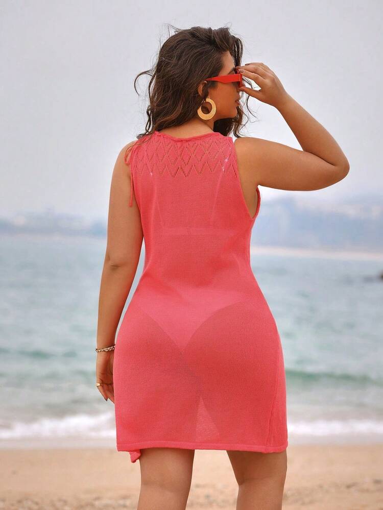 Plus Size Solid Color Drawstring Collar & Waist Sweater Dress