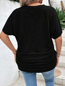 SHEIN LUNE Áo thun nữ tay ngắn cổ chữ V màu trơn mùa hè Plus Size - màu đen - Xem 7