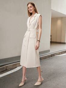 Aveloria Modichic 办公室女士无袖西装领修身双排扣中长连衣裙，展现迷人曲线身材节日派对生日正式场合连衣裙 - 杏色 - 查看 7