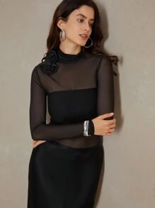 SHEIN Allurite Women Fitted Sheer 3D Rose Long Sleeve Blouse