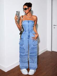 SHEIN PETITE Mono de mezclilla halterneck y tirantes de moda para mujeres en el estilo de chica mala